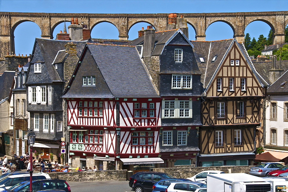 Medieval half timbered houses, with viaduct in the background, old town, Morlaix, Finistere, Brittany, France, Europe