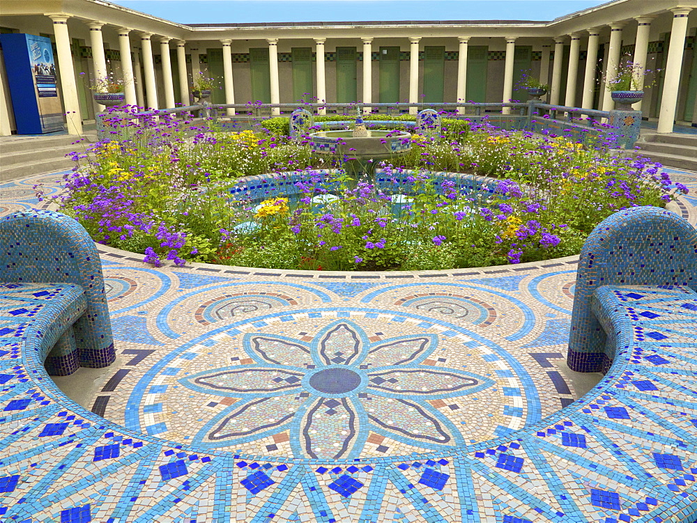 Mosaic bench in the Pompeian Baths and their basins, Deauville, Calvados, Normandy, France, Europe