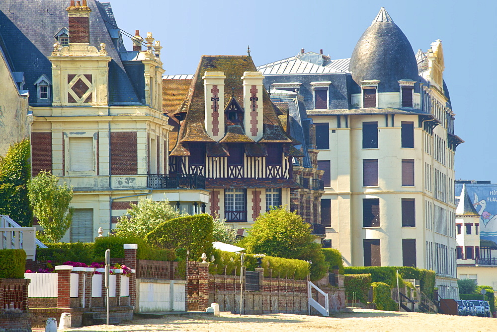 Typical beach villas and hotel, along the beach, Trouville sur Mer, Normandy, France, Europe