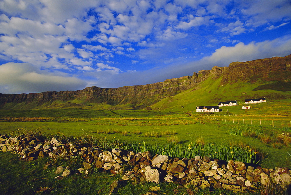 Stone wall and Belnn Bhuldhe, Cleadale, Isle of Eigg, Inner Hebrides, Scotland, UK, Europe