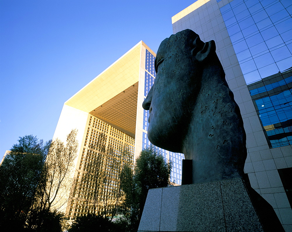 Face sculpture and La Grande Arche, La Defense, Paris, France, Europe