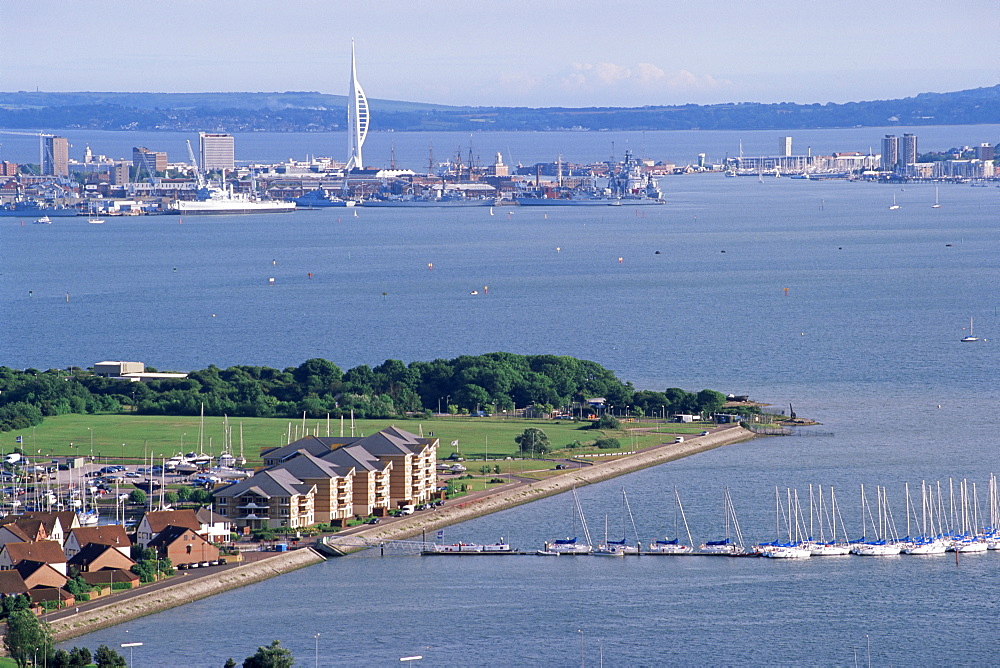 View from Portsdown Hill towards city and Spinnaker Towr, Portsmouth, Hampshire, England, United Kingdom, Europe