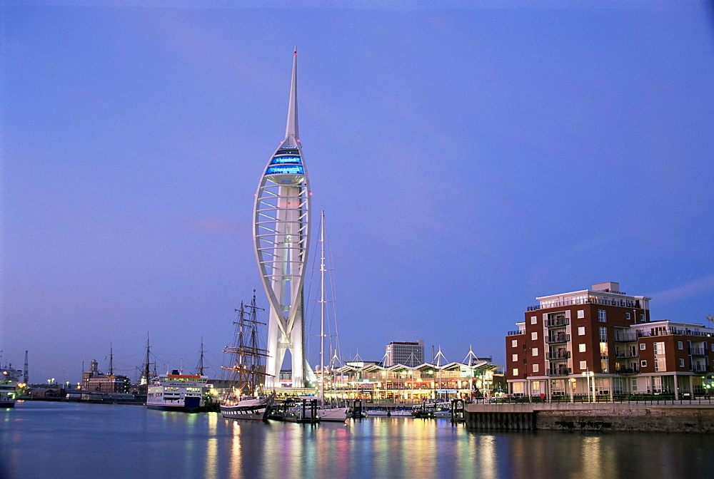 Spinnaker Tower at twilight, Gunwharf Quays, Portsmouth, Hampshire, England, United Kingdom, Europe