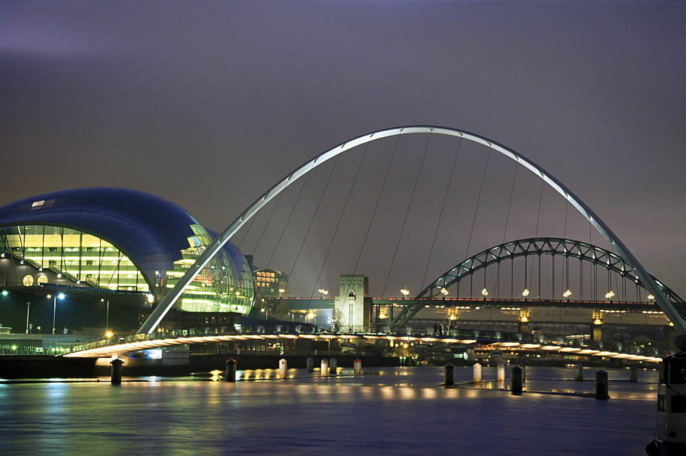 The Sage and the Tyne and Millennium Bridges at night, Gateshead/Newcastle upon Tyne, Tyne and Wear, England, United Kingdom, Europe