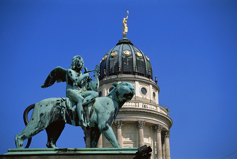 Statue and dome of French Cathedral, Gendarmenmarkt, Berlin, Germany, Europe