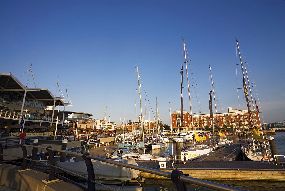 Boats moared at Gunwharf Quay, Portsmouth, Hampshire, England, United Kingdom, Europe