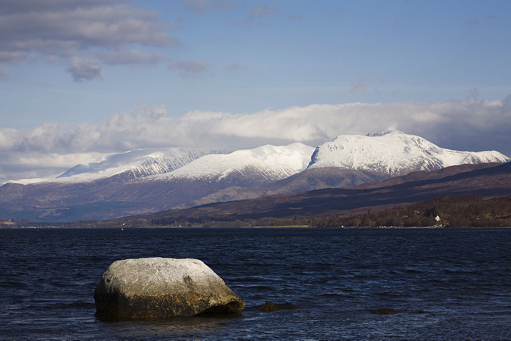 View to Ben Nevis with snow from Loch Eil, near Fort William, Lochaber, Scotland, United Kingdom, Europe