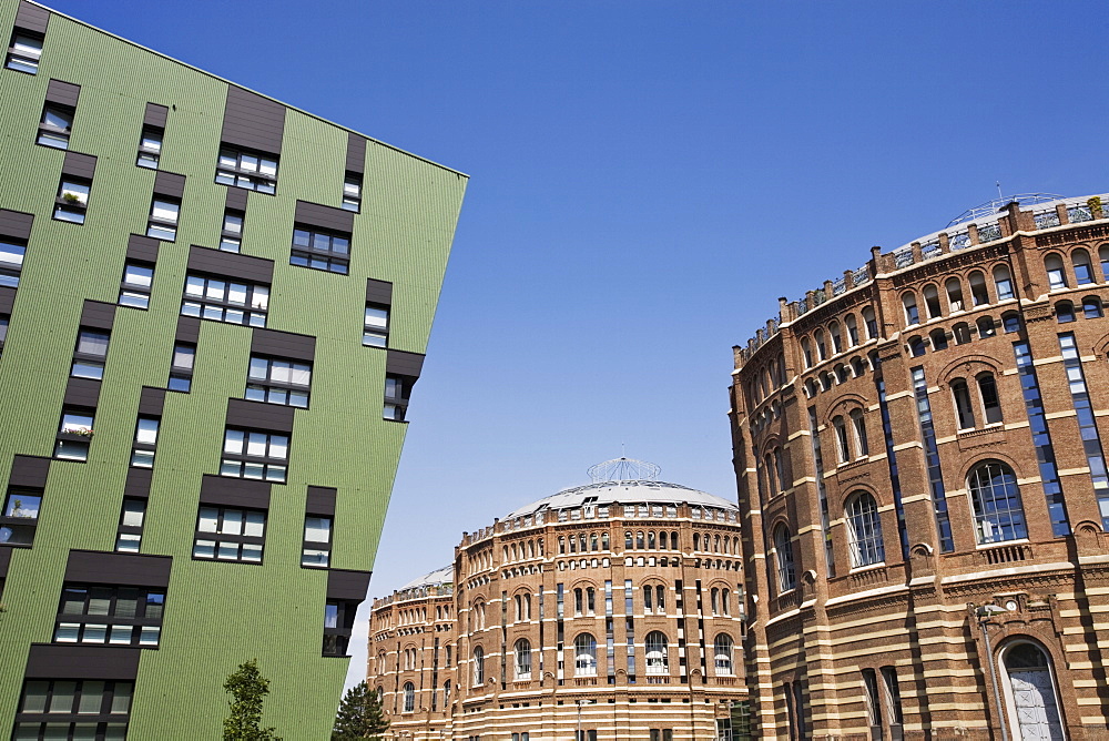 Green residential apartments and converted gasometers, Gasometer City, Simmering, Vienna, Austria, Europe