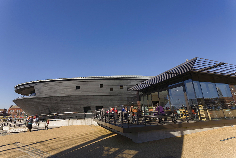 Cafe and the New Mary Rose Museum, HM Naval Base, Portsmouth Historic Dockyard, Portsmouth, Hampshire, England, United Kingdom, Europe