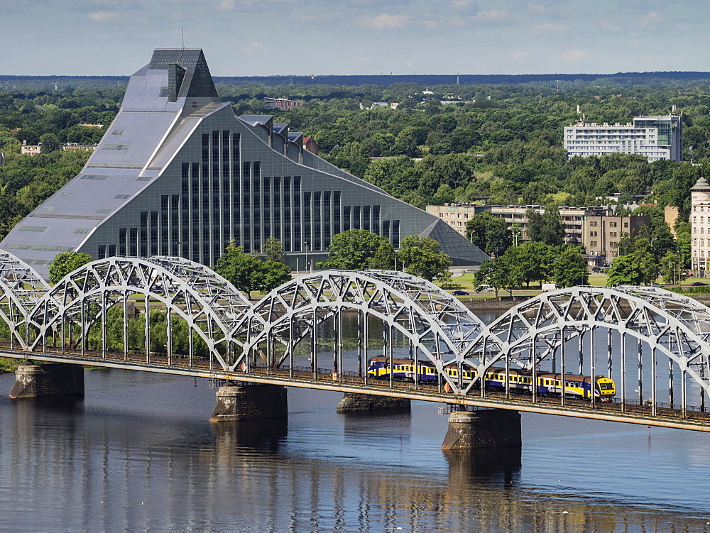 View from the top of the Academy of Sciences of the National Library and the railway bridge, Riga, Latvia, Baltic States, Europe