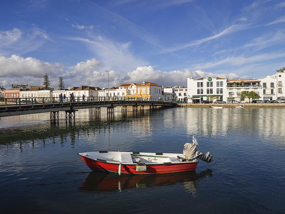 Boat and Pedestrian Bridge, River Gilao,Tavira, Algarve, Portugal, Europe