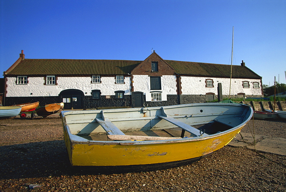 Boat and boathouse, Burnham Overy Staithe, Norfolk, England, United Kingdom, Europe