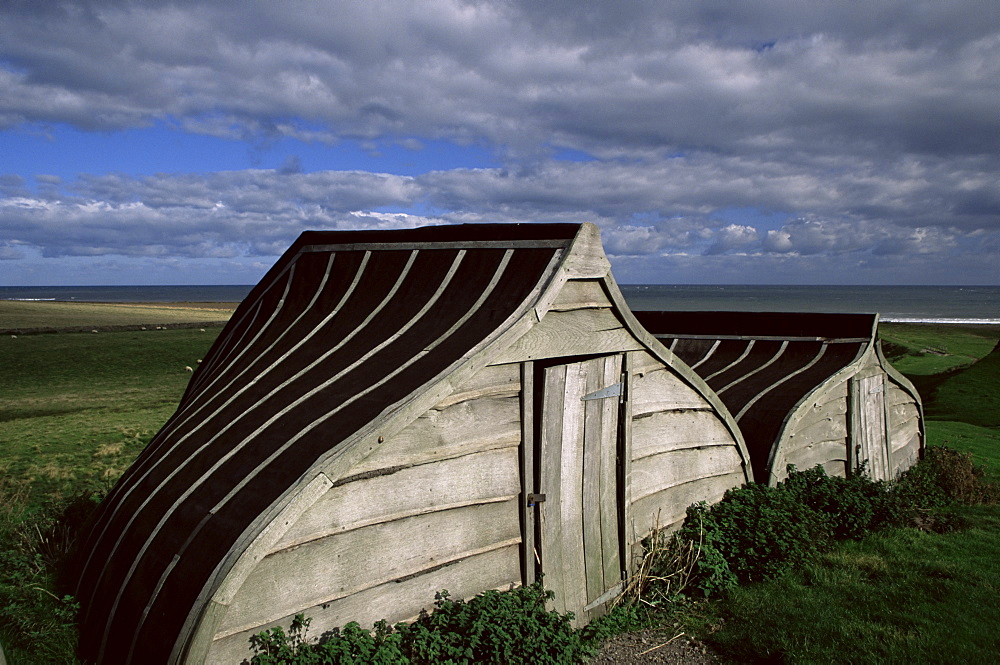 Upturned boats used as sheds, Lindisfarne (Holy Island), Northumbria, England, United Kingdom, Europe