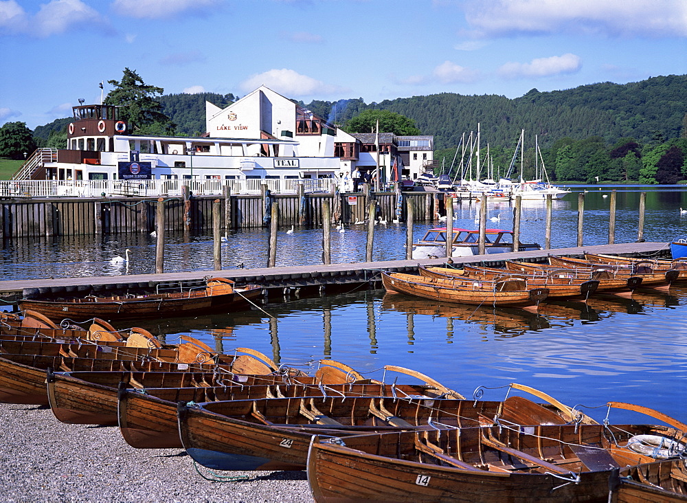 Rowing boats and pier, Bowness-on-Windermere, Lake District, Cumbria, England, United Kingdom, Europe