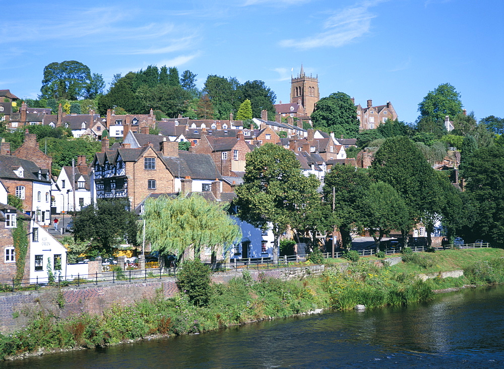 St. Leonard's church and town from the River Severn, Bridgnorth, Shropshire, England, United Kingdom, Europe