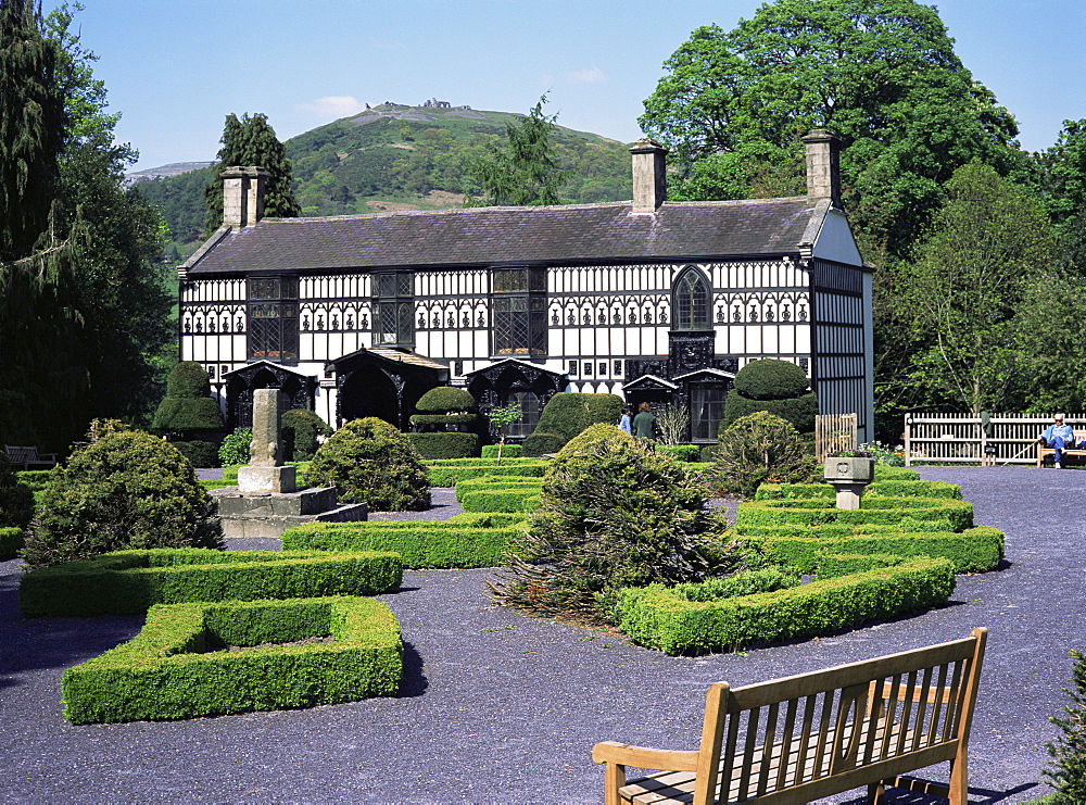 Plas Newydd, home of the Ladies of Llangollen, with Castell Dinas Bran behind, Llangollen, Denbighshire, Wales, United Kingdom, Europe