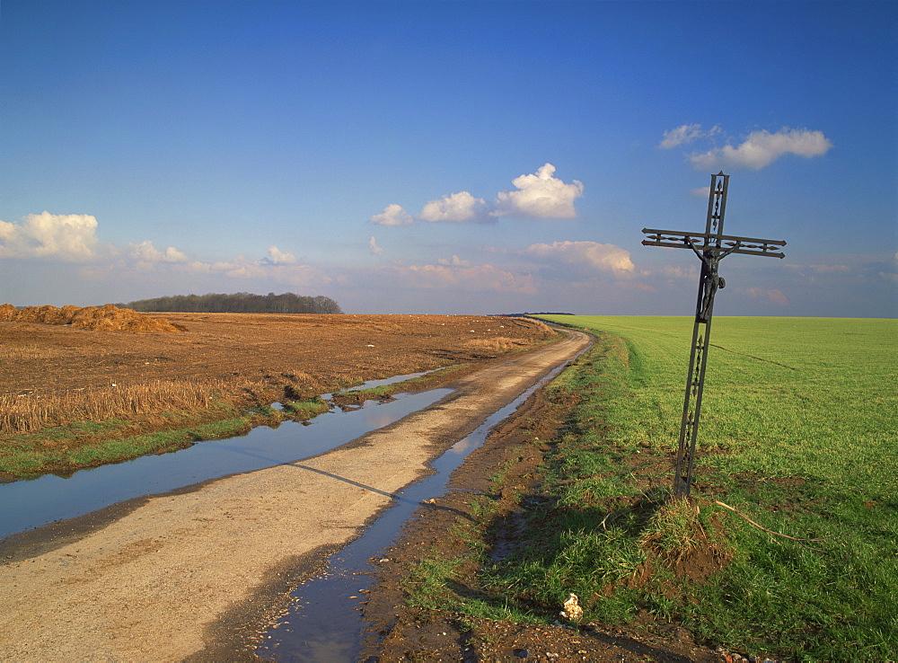 Metal crucifix beside a muddy rural road through agricultural land, near Azincourt, Montreuil, Nord Pas de Calais, France, Europe