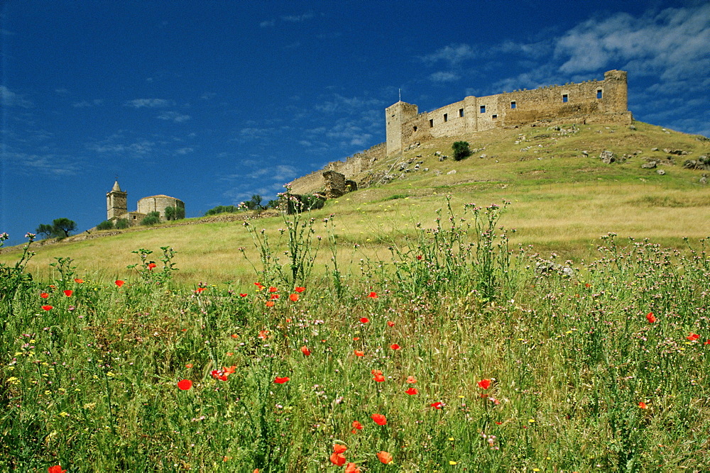 View of castle, Medallin, Extremadura, Spain, Europe