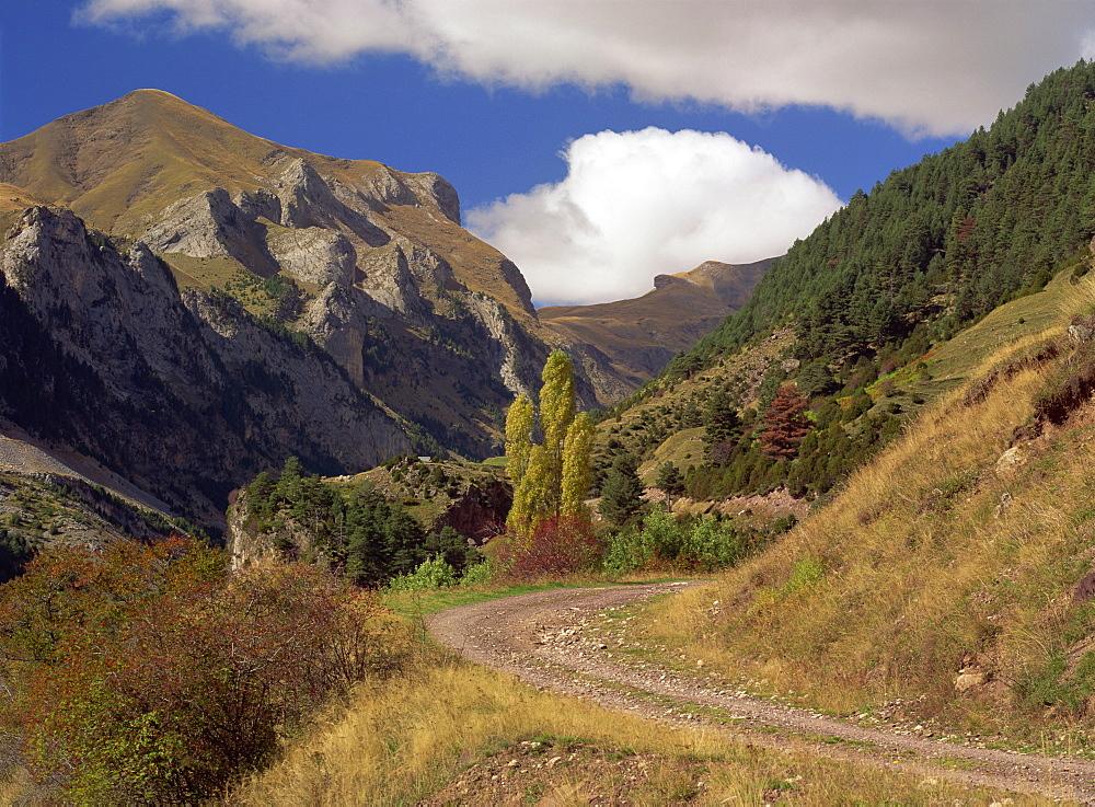 Landscape of rough road through the mountains near Bielsa, in the Pyrenees mountains, Aragon, Spain, Europe