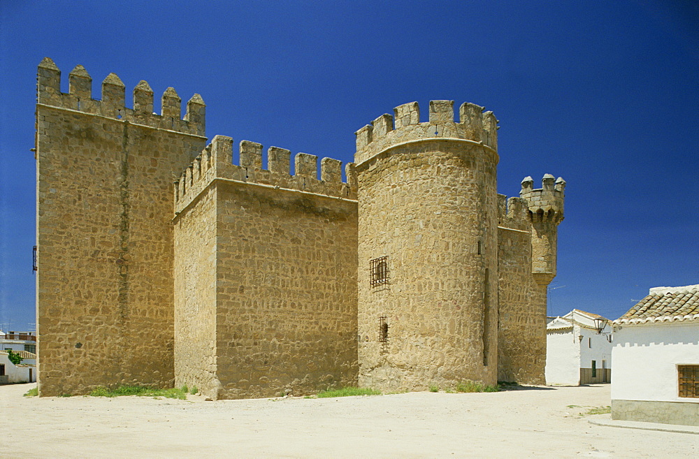 Exterior of the walls of the castle of Orgaz in Toledo, Castile la Mancha (Castilla la Mancha), Spain, Europe