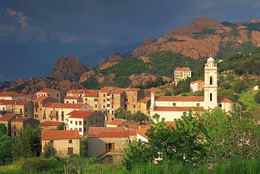 Aerial view over the village of Piana in the mountains, island of Corsica, France, Mediterranean, Europe