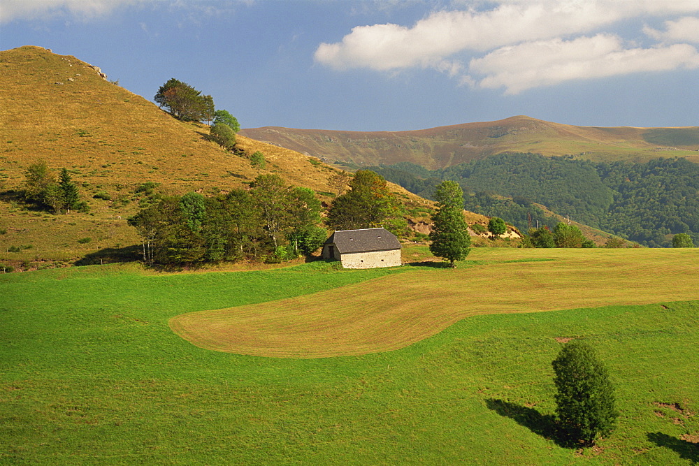 Tranquil scene in agricultural landscape of farmland and hills near Salers, Cantal, in the Auvergne, France, Europe