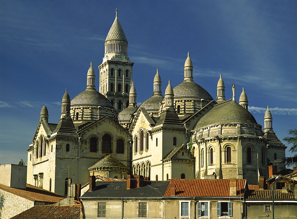 Domes and towers of the Christian cathedral on the skyline, Perigueux, in the Dordogne, Aquitaine, France, Europe