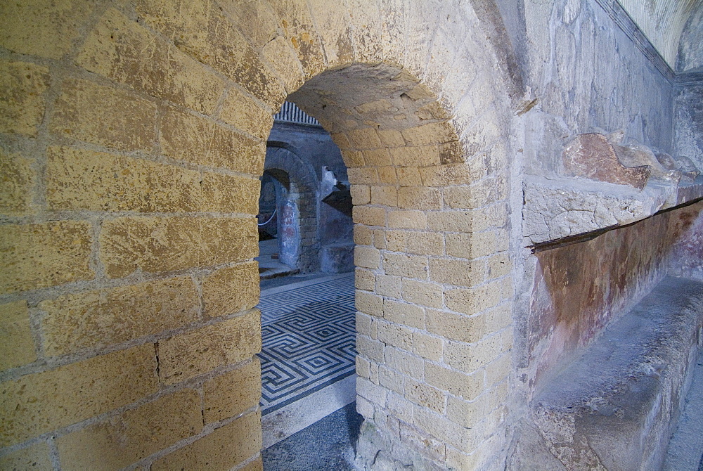 Interior and mosaic at Herculaneum, a large Roman town destroyed in 79AD by a volcanic eruption from Mount Vesuvius, UNESCO World Heritage Site, near Naples, Campania, Italy, Europe