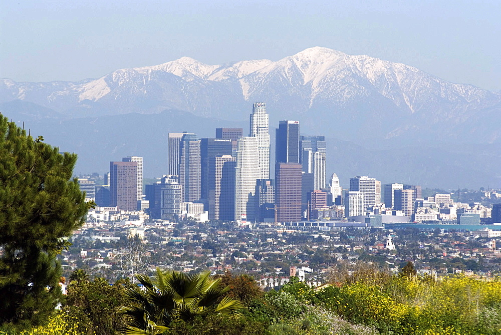 View of downtown Los Angeles looking towards San Bernardino Mountains, California, United States of America, North America