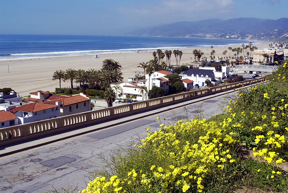 Pacific Coast Highway and Malibu viewed from Palisades Park, Santa Monica, California, United States of America, North America