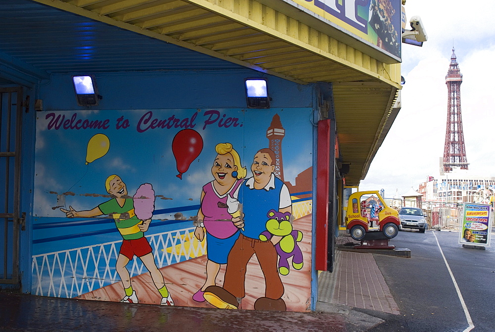 Entry to the Central Pier with Blackpool Tower in the background, Blackpool, Lancashire, England, United Kingdom, Europe