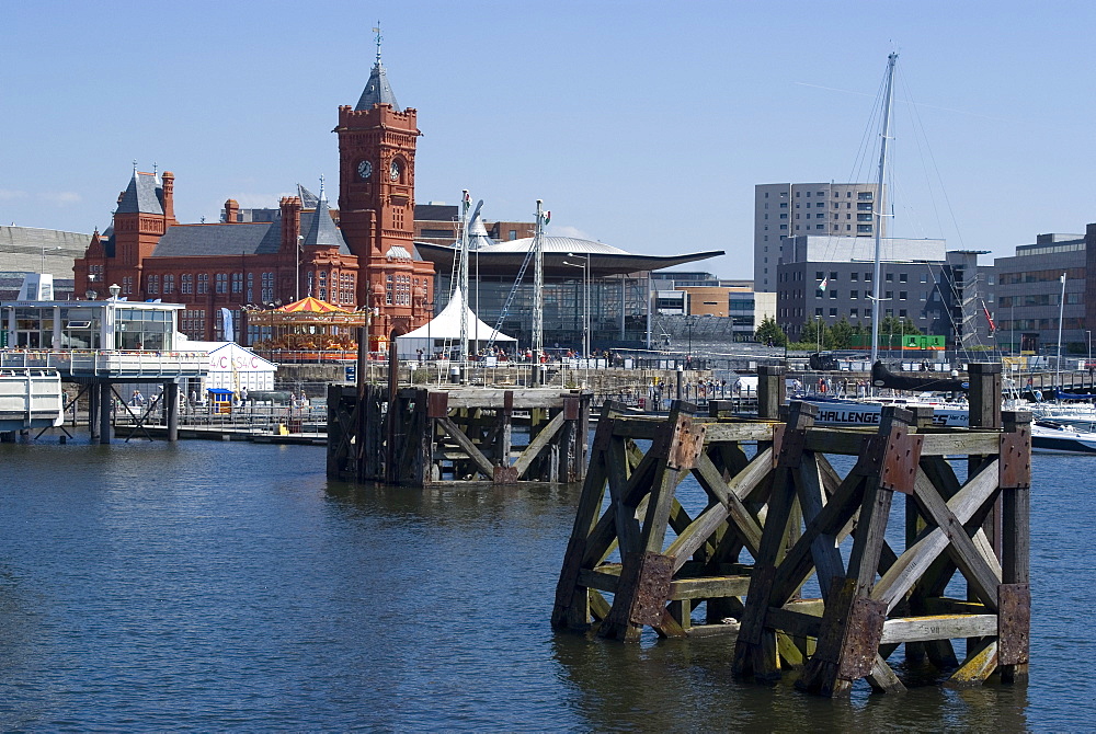 View of Mermaid Quay, Pierhead Building and Senedd (Senate), Cardiff Bay, Cardiff, Wales, United Kingdom, Europe