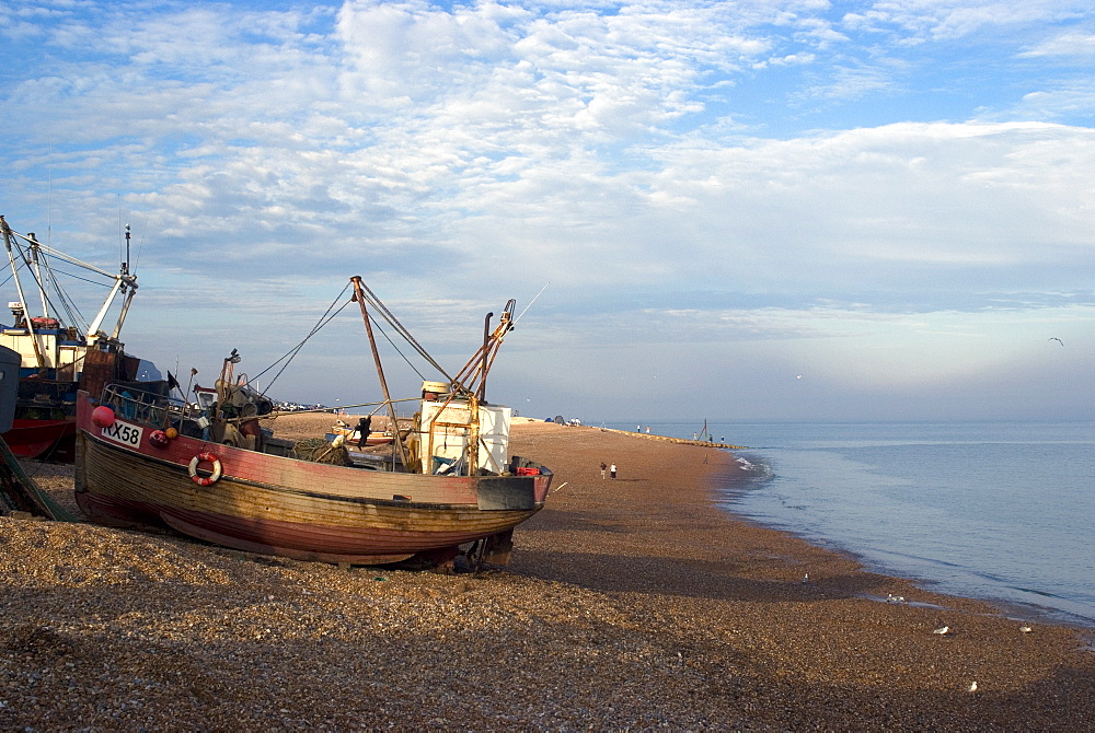 Fishing boats on pebble beach, Hastings, Sussex, England, United Kingdom, Europe