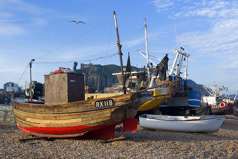 Fishing boats on pebble beach at Hastings, Hastings, Sussex, England, United Kingdom, Europe