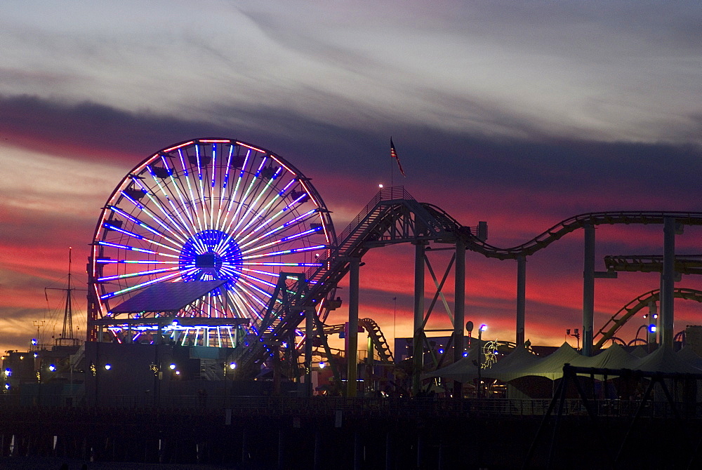 Sunset at the pier, Santa Monica Beach, Santa Monica, California, United States of America, North America