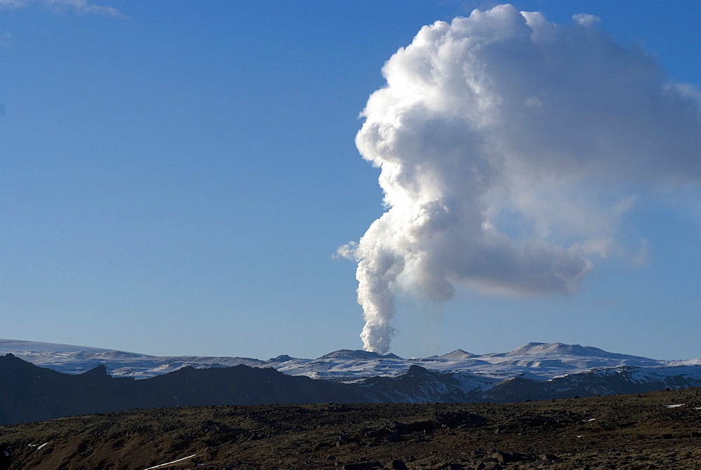 Smoke plume rising over glacier, Eyjafjallajokull volcano, Iceland, Polar Regions