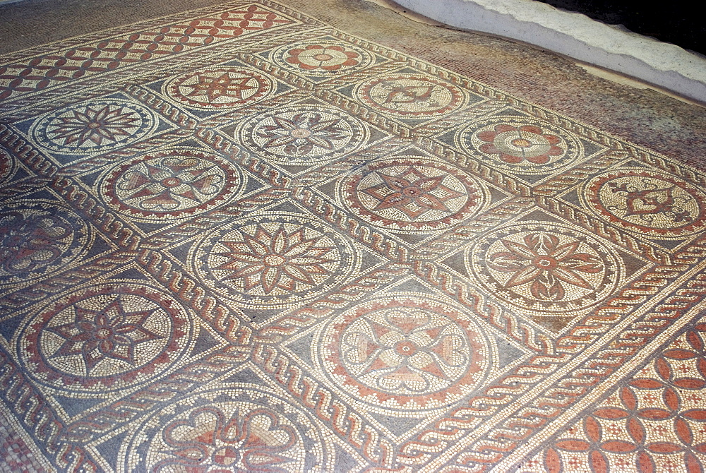 Mosaic from remains of Roman villa, St. Albans, Hertfordshire, England, United Kingdom, Europe