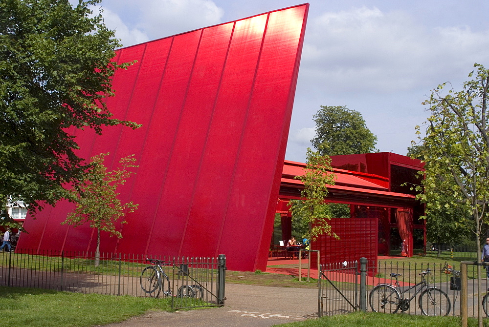 The Red Sun Pavilion designed by Jean Nouvel, the 2010 architecture project for the Serpentine Gallery, London W2, England, United Kingdom, Europe