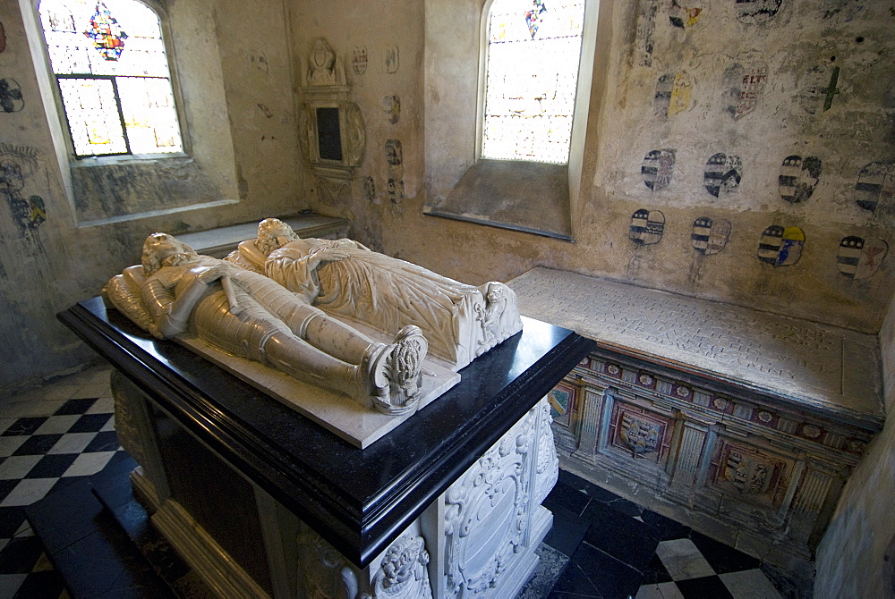 Tombs and effigies of the Hungerford Family, inside the chapel of the 14th century Farleigh Hungerford Castle, Somerset, England, United Kingdom, Europe