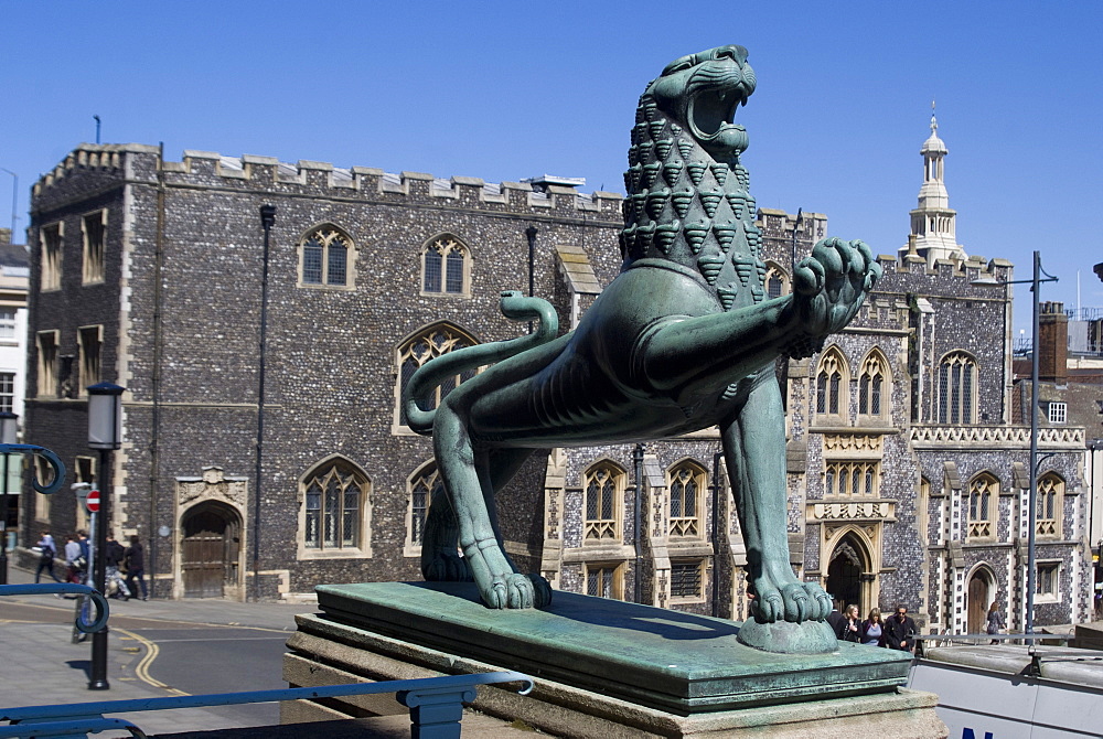 Art-deco style bronze lion in front the the City Hall, Norwich, Norfolk, England, United Kingdom, Europe