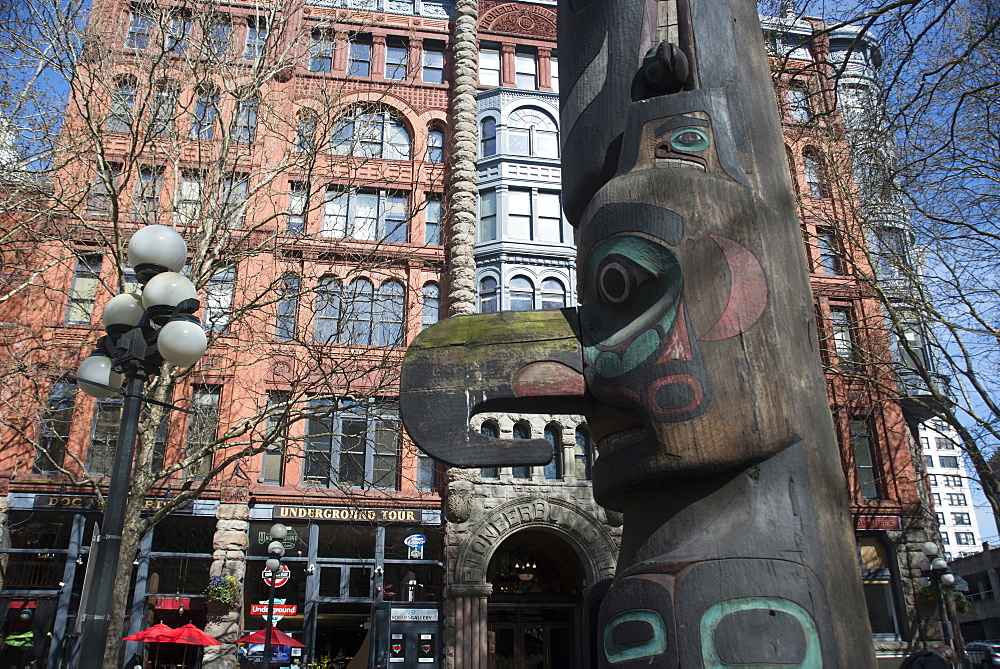 Pioneer Square, the historic original settlement of the city, with Totem Pole, Seattle, Washington, United States of America