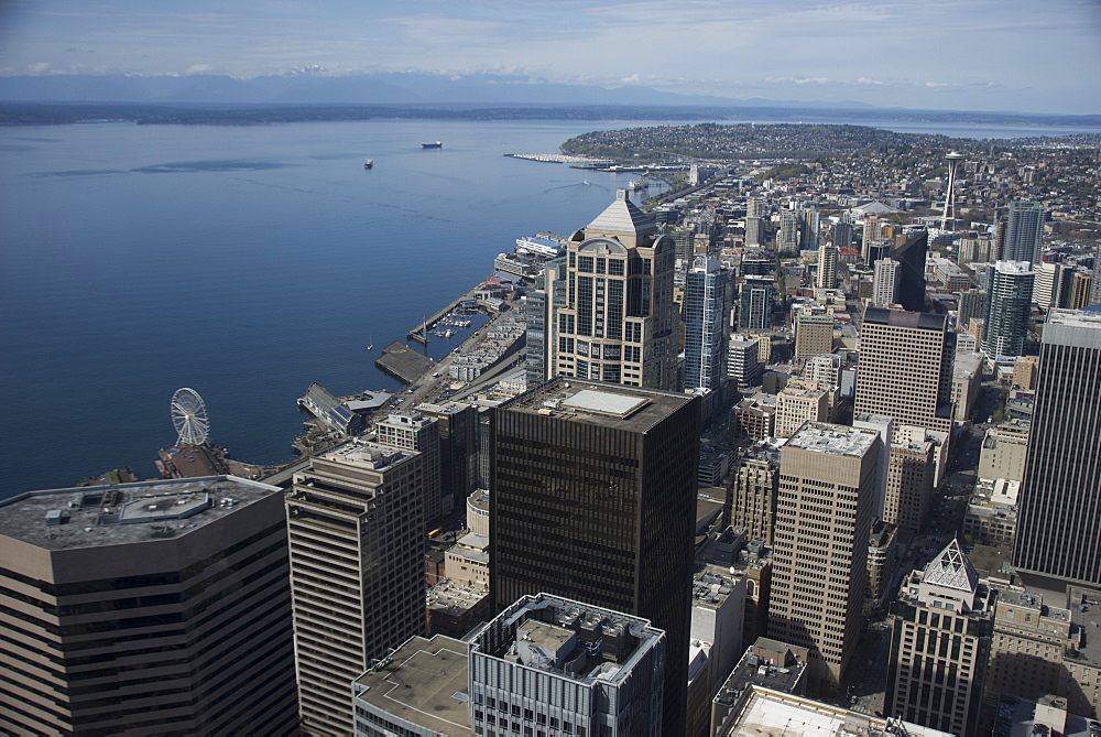 Aerial view of Seattle with the Port and the Space Needle from the Skyview Observatory, Washington, United States of America