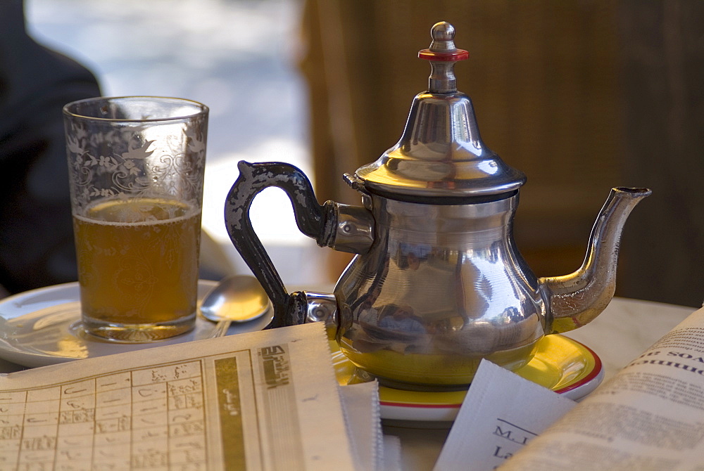 Typical mint tea, Cafe des Negociants, Gueliz (new town), Marrakech, Morocco, North Africa, Africa