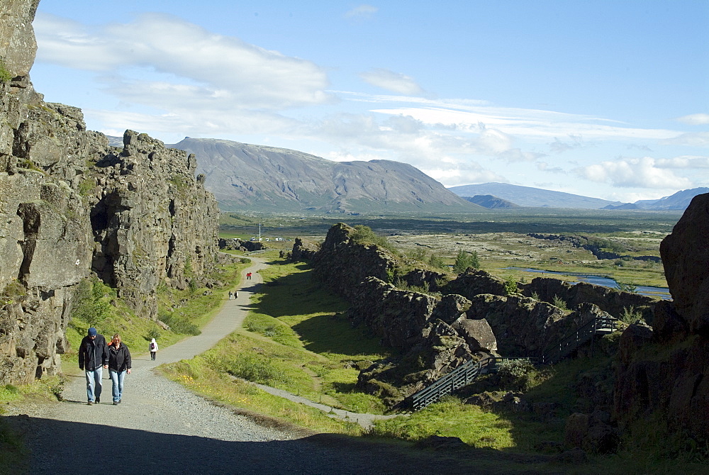 Thingvellir, site of original 10th century Althingi (Parliament) and geographical rift between Europe and North America, Iceland, Polar Regions