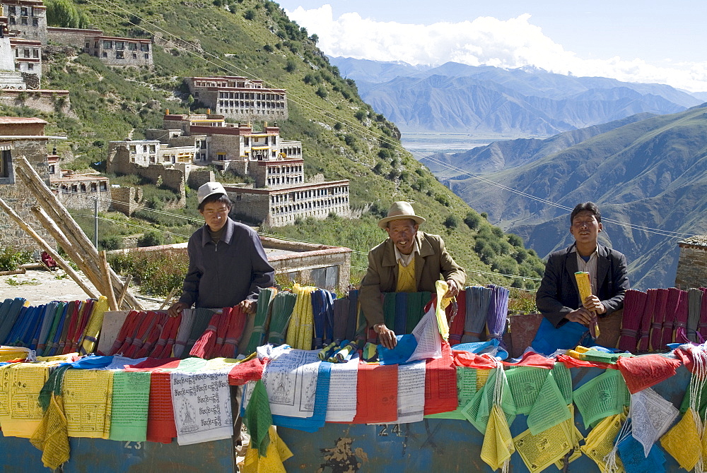 Selling prayer flags, Ganden Monastery, near Lhasa, Tibet, China, Asia