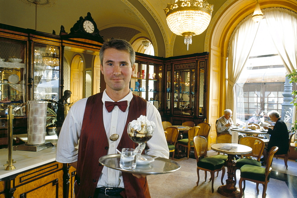 Waiter in cafe, Budapest, Hungary, Europe