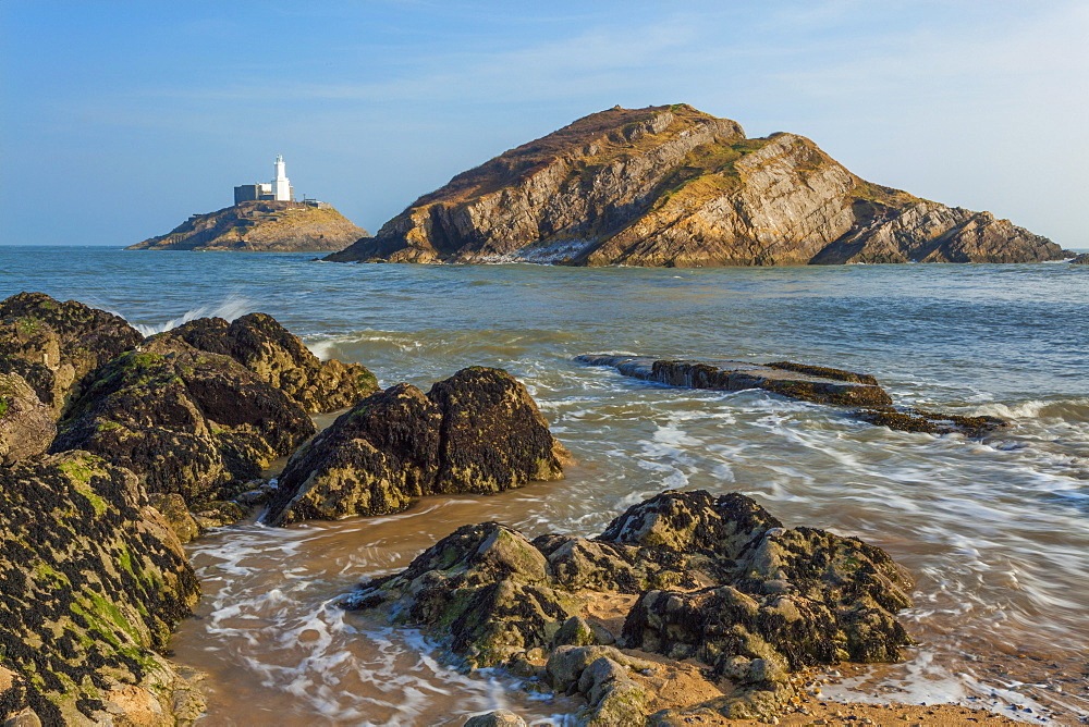 Mumbles Lighthouse, Bracelet Bay, Gower, Swansea, Wales, United Kingdom, Europe