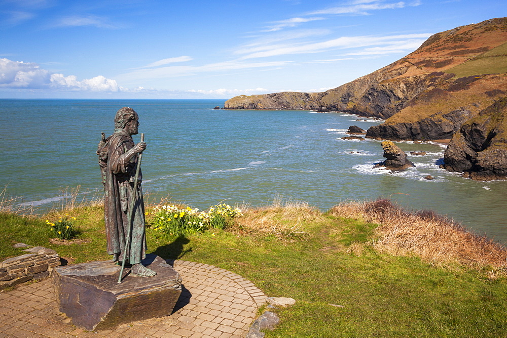 Statue of St. Carannog, Llangrannog Beach, Ceredigion (Cardigan), West Wales, Wales, United Kingdom, Europe