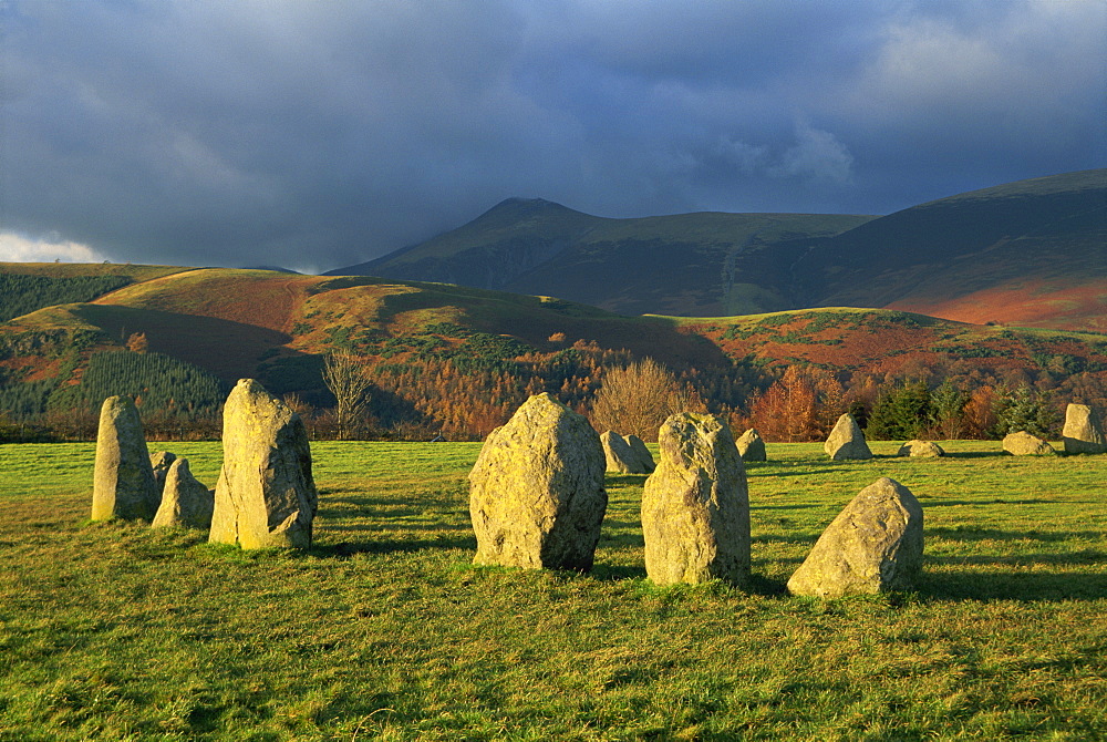 Preshitoric archaeological site, Castlerigg Stone Circle, standing stones, with mountains beyond, near Keswick, Lake District National Park, Cumbria, England, United Kingdom, Europe