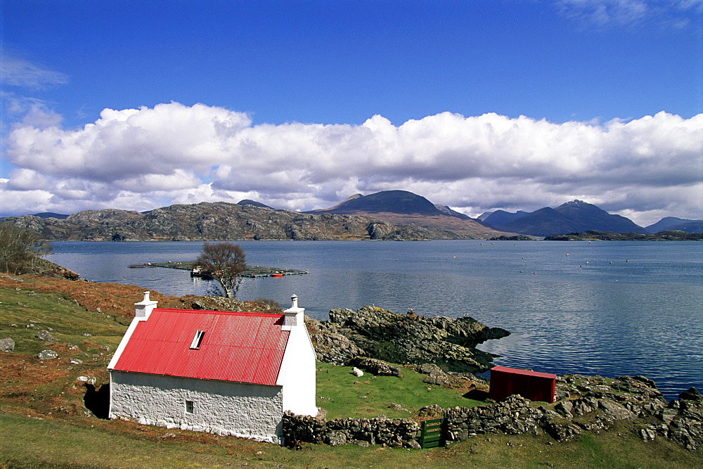 Red roofed cottage, Loch Torridon, Wester Ross, Highlands, Scotland, United Kingdom, Europe